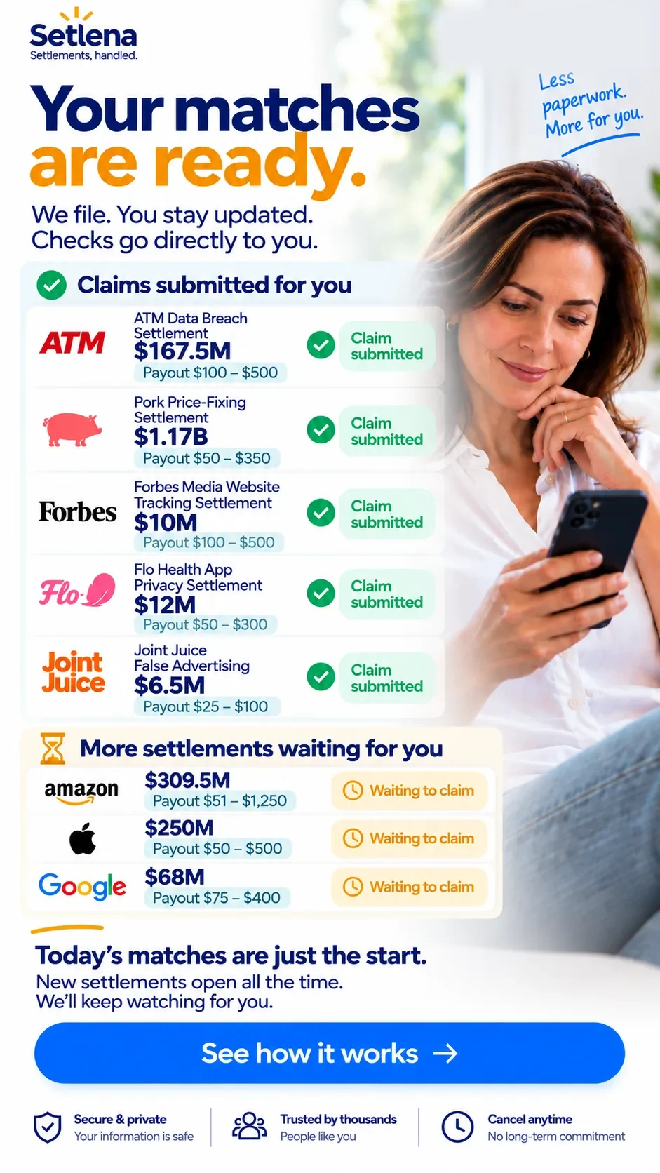 Setlena settlement matches and claim status overview